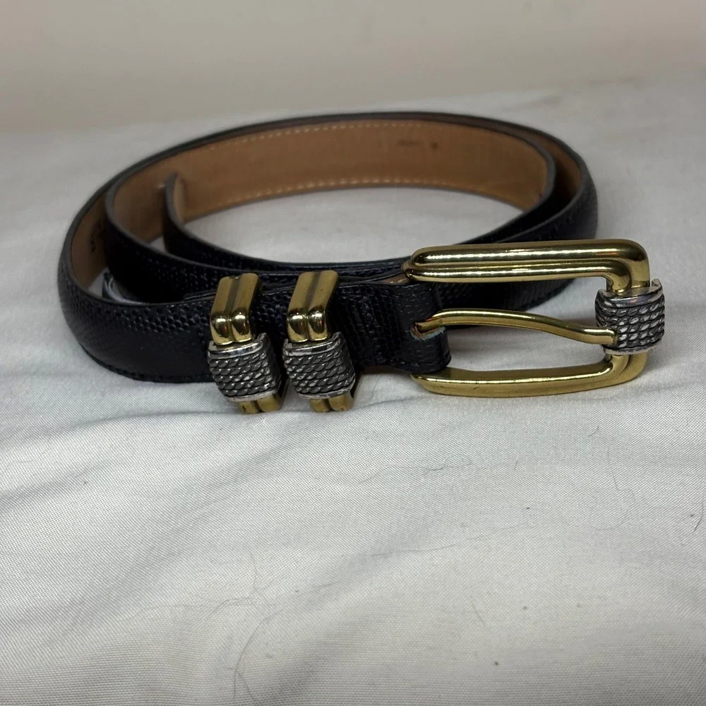 Brighton Classics Black Lizard Embossed‎ Leather Belt Gold Tone Buckle ML 32